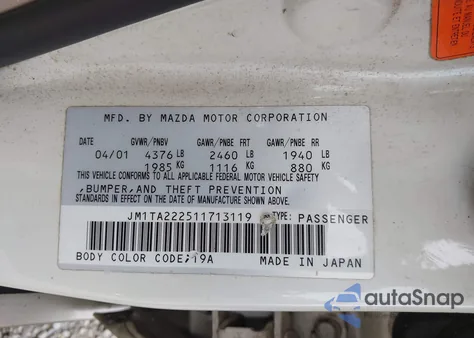 2001 Mazda Millenia S z USA, uszkodzony, nr VIN JM1TA222511713119